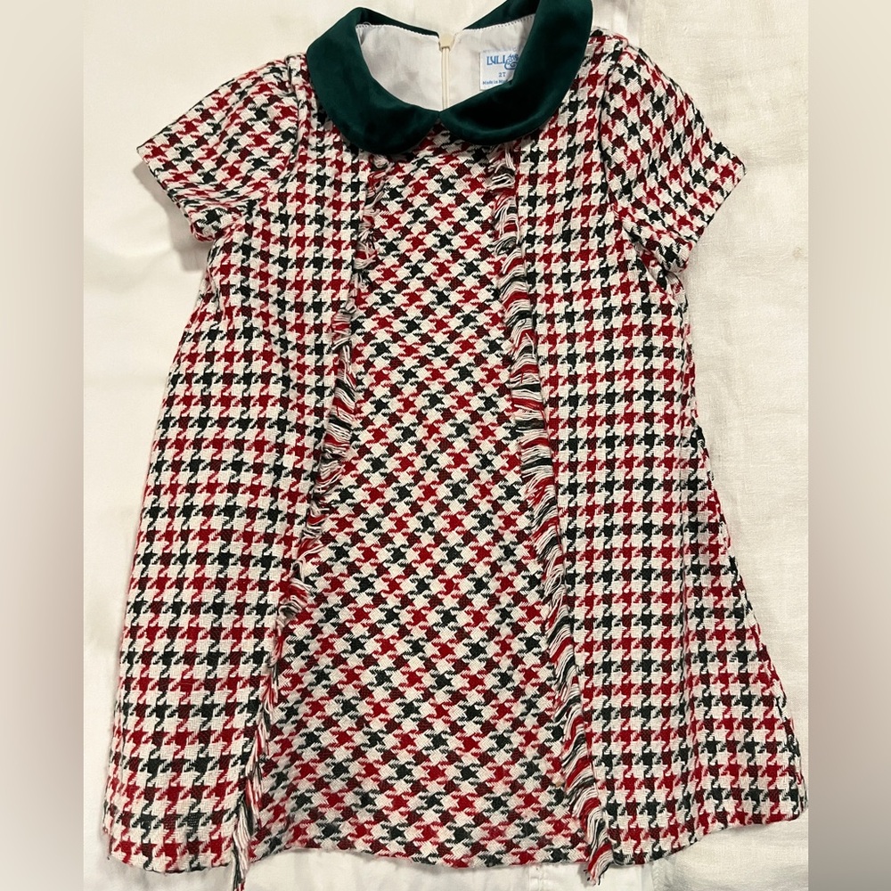 Tweed Christmas dress with green velvet collar